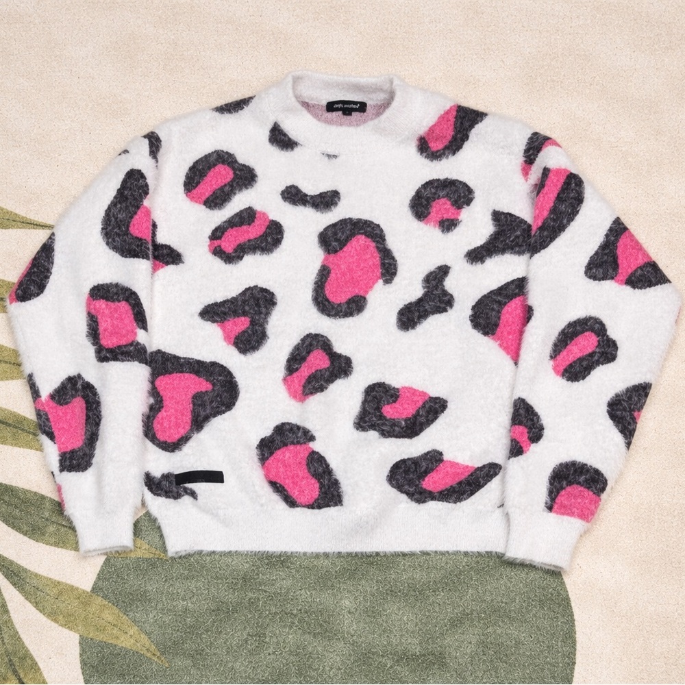 Simply Southern White Fuzzy Leopard Crewneck with Pink and Charcoal Spots